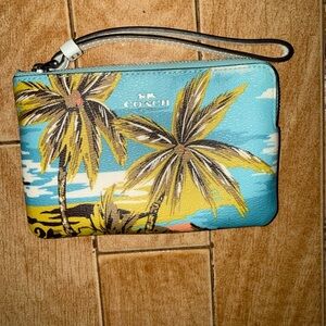 Coach Palm Tree Print Wristlet in Blue and Yellow